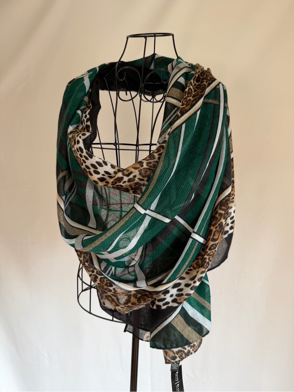 White House Black Market Green Striped & Leopard Print Scarf